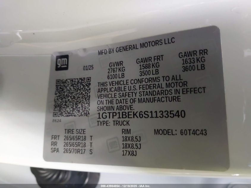 2025 GMC Canyon 2Wd Elevation VIN: 1GTP1BEK6S1133540 Lot: 43984854