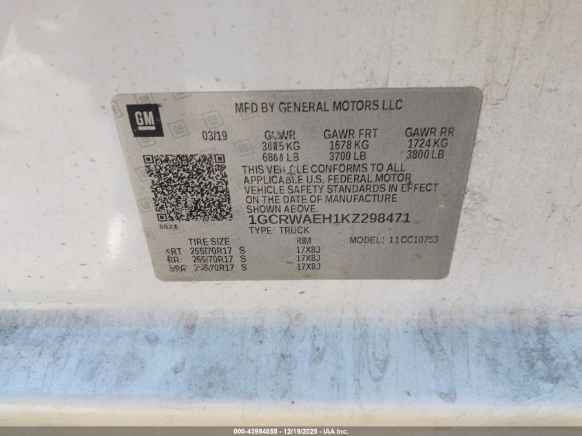 2019 Chevrolet Silverado 1500 Work Truck VIN: 1GCRWAEH1KZ298471 Lot: 43984855