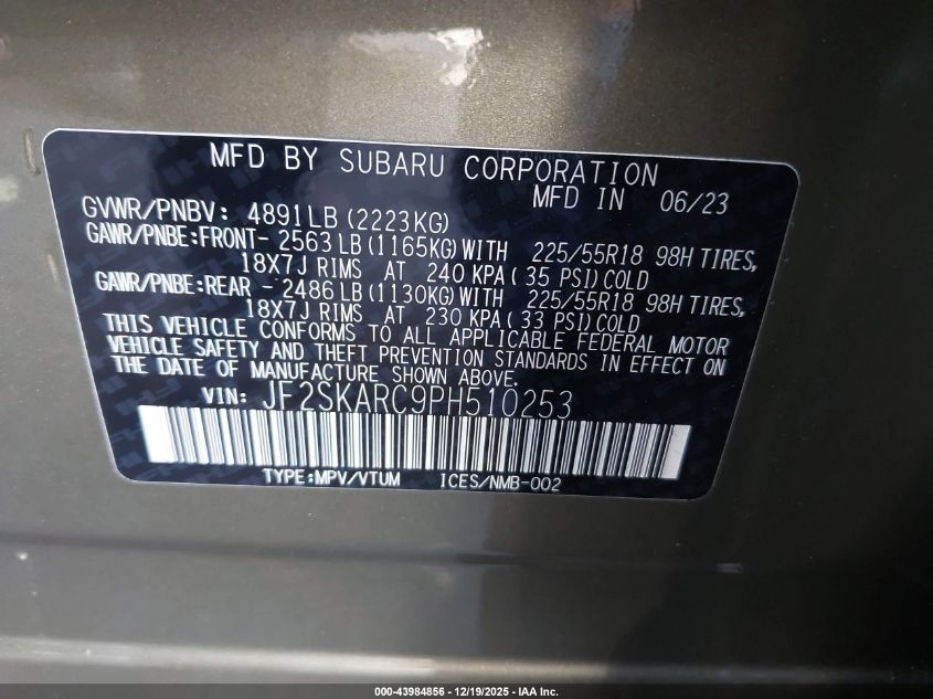 2023 Subaru Forester Touring VIN: JF2SKARC9PH510253 Lot: 43984856