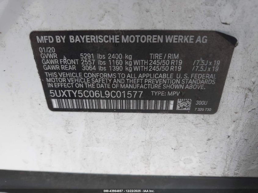 2020 BMW X3 xDrive30I VIN: 5UXTY5C06L9C01577 Lot: 43984857