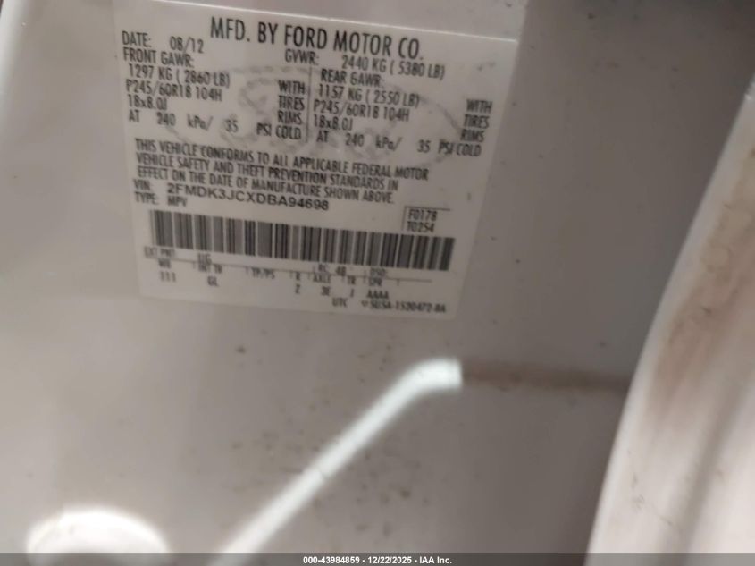 2013 Ford Edge Sel VIN: 2FMDK3JCXDBA94698 Lot: 43984859