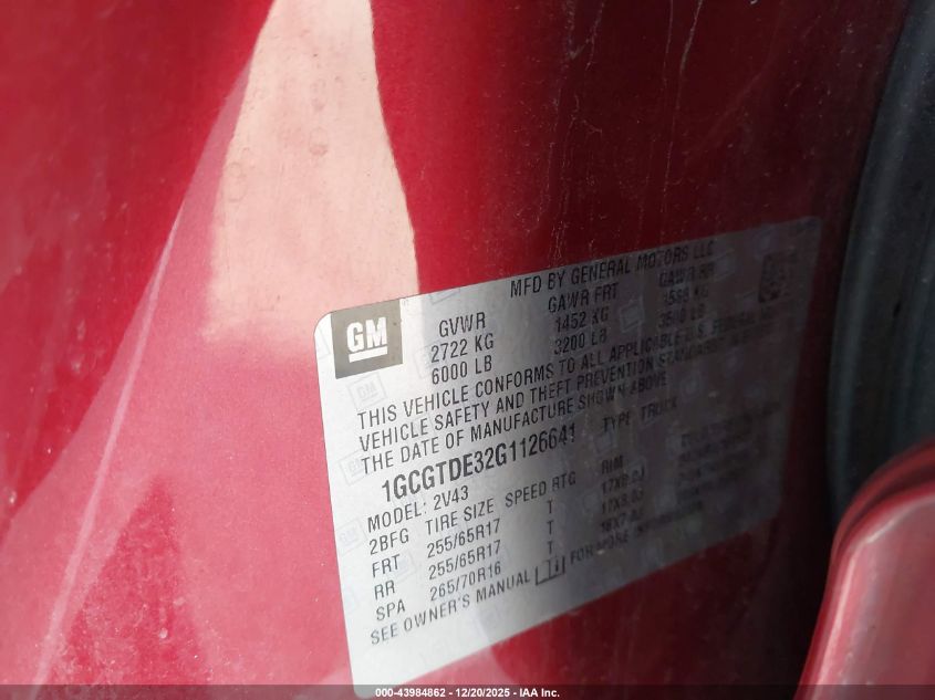 2016 Chevrolet Colorado Z71 VIN: 1GCGTDE32G1126641 Lot: 43984862