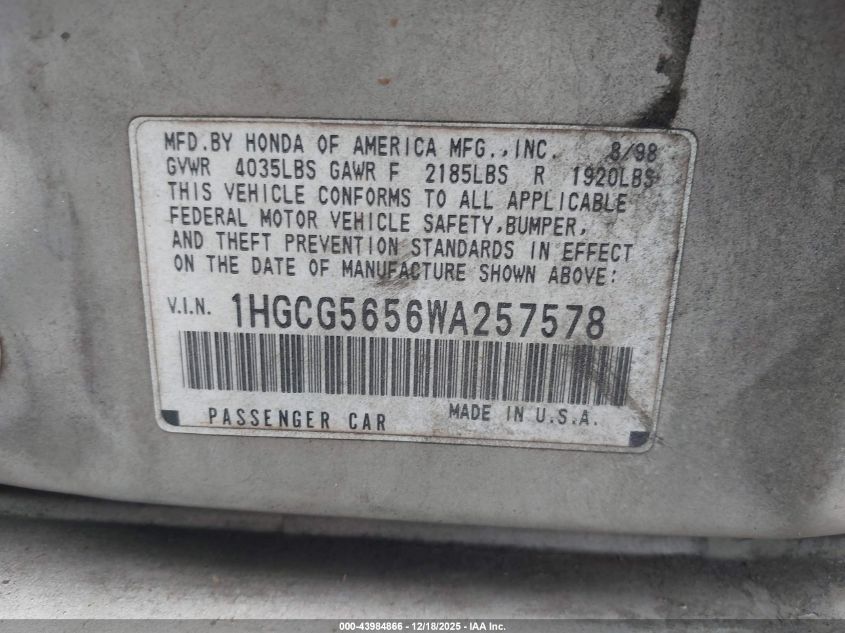 1998 Honda Accord Ex VIN: 1HGCG5656WA257578 Lot: 43984866