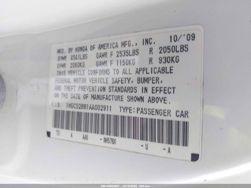 2010 Honda Accord 3.5 Ex-L VIN: 1HGCS2B81AA002911 Lot: 43984867