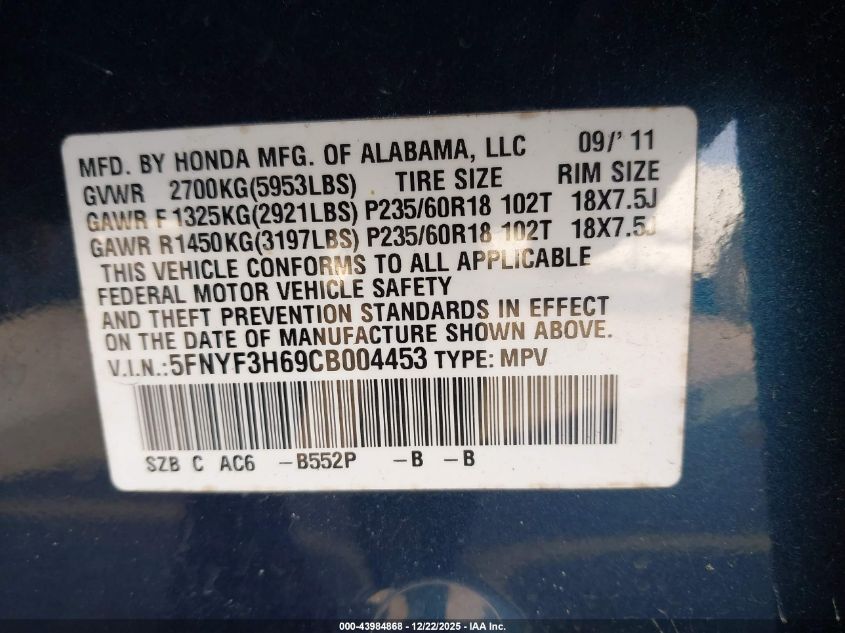 2012 Honda Pilot Ex-L VIN: 5FNYF3H69CB004453 Lot: 43984868