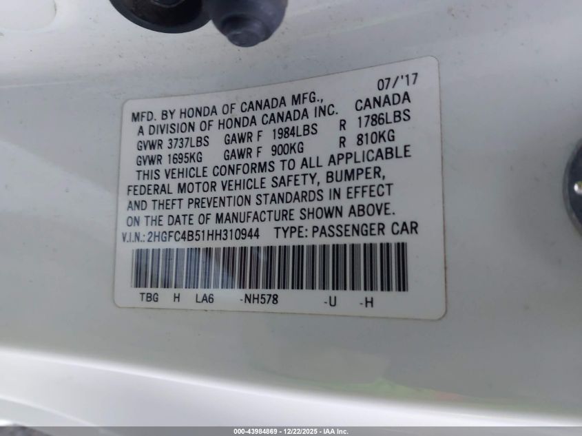 2017 Honda Civic Lx VIN: 2HGFC4B51HH310944 Lot: 43984869