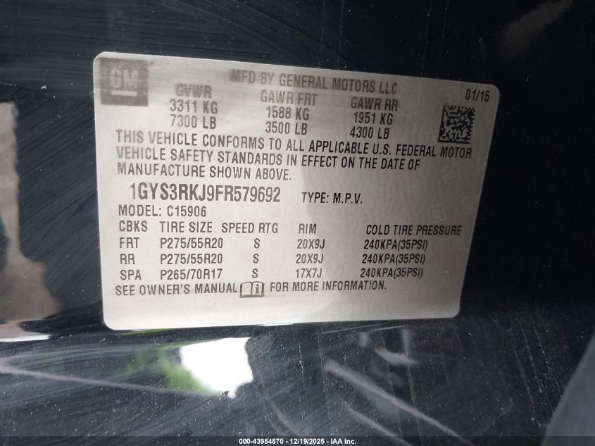 2015 Cadillac Escalade Esv Standard VIN: 1GYS3RKJ9FR579692 Lot: 43984870