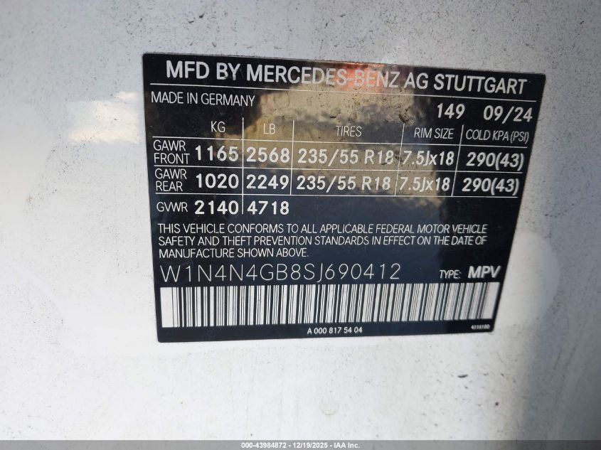 2025 Mercedes-Benz Gla 250 4Matic VIN: W1N4N4GB8SJ690412 Lot: 43984872