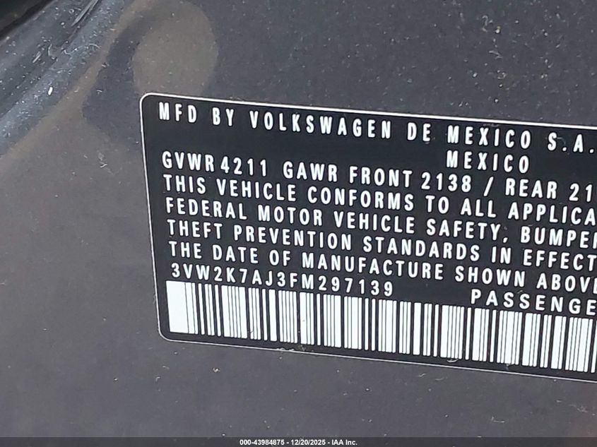 2015 Volkswagen Jetta 2.0L S VIN: 3VW2K7AJ3FM297139 Lot: 43984875