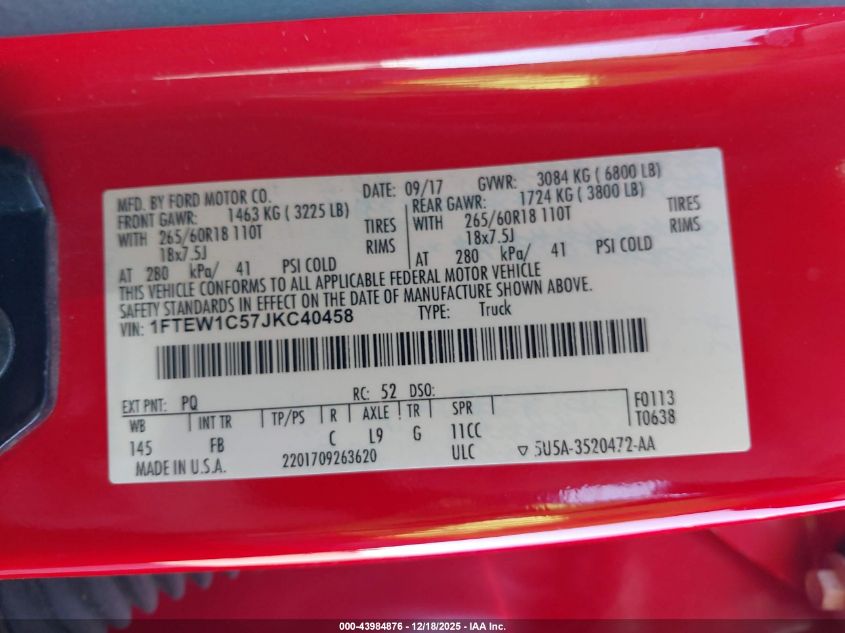 2018 Ford F-150 Xlt VIN: 1FTEW1C57JKC40458 Lot: 43984876
