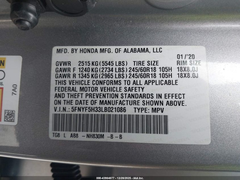 2020 Honda Pilot 2Wd Ex VIN: 5FNYF5H33LB021086 Lot: 43984877
