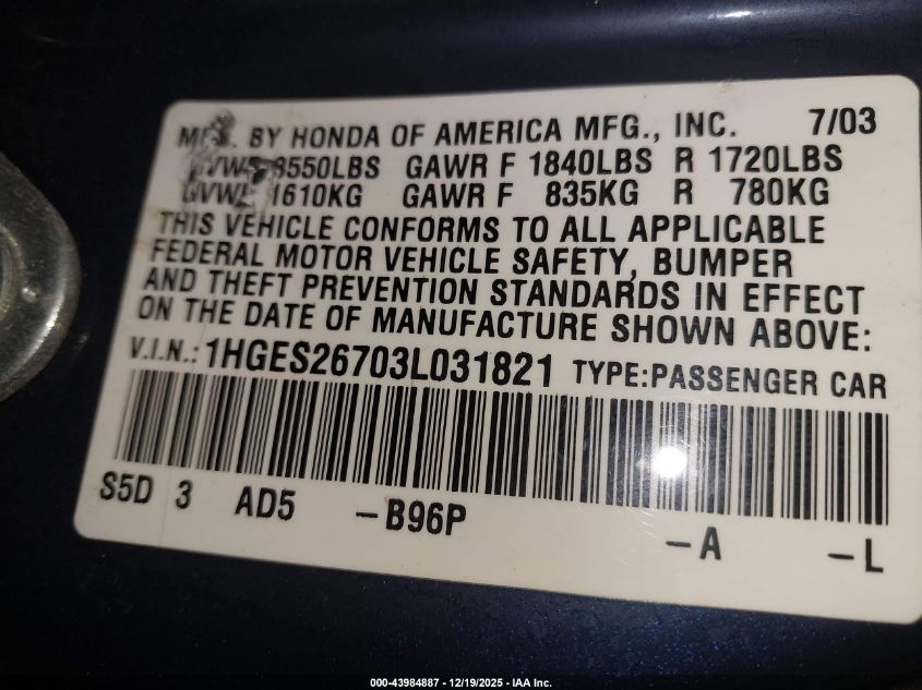 2003 Honda Civic Ex VIN: 1HGES26703L031821 Lot: 43984887