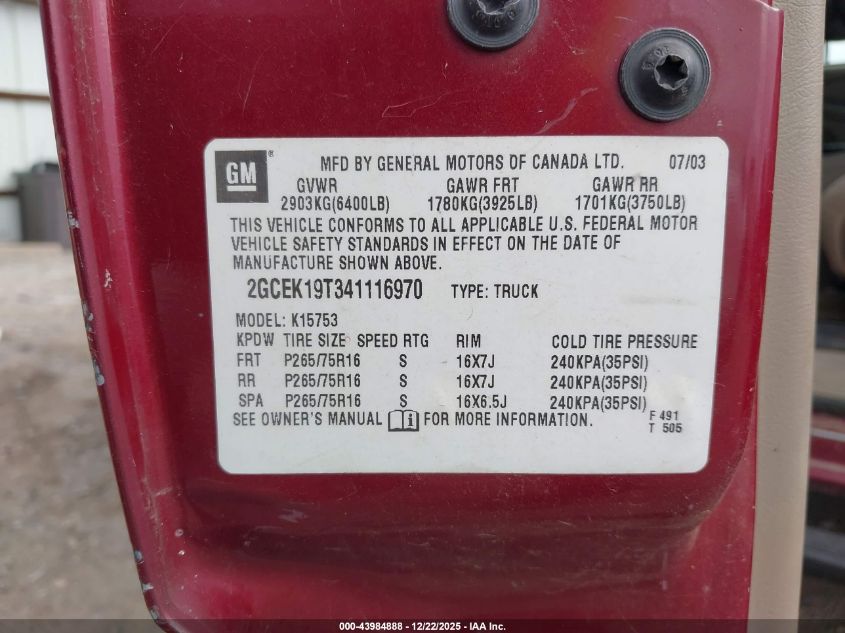 2004 Chevrolet Silverado 1500 Z71 VIN: 2GCEK19T341116970 Lot: 43984888