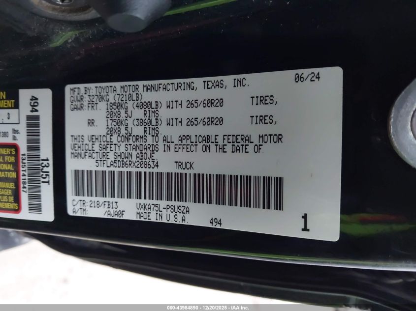 2024 Toyota Tundra Sr5 VIN: 5TFLA5DB6RX208634 Lot: 43984890