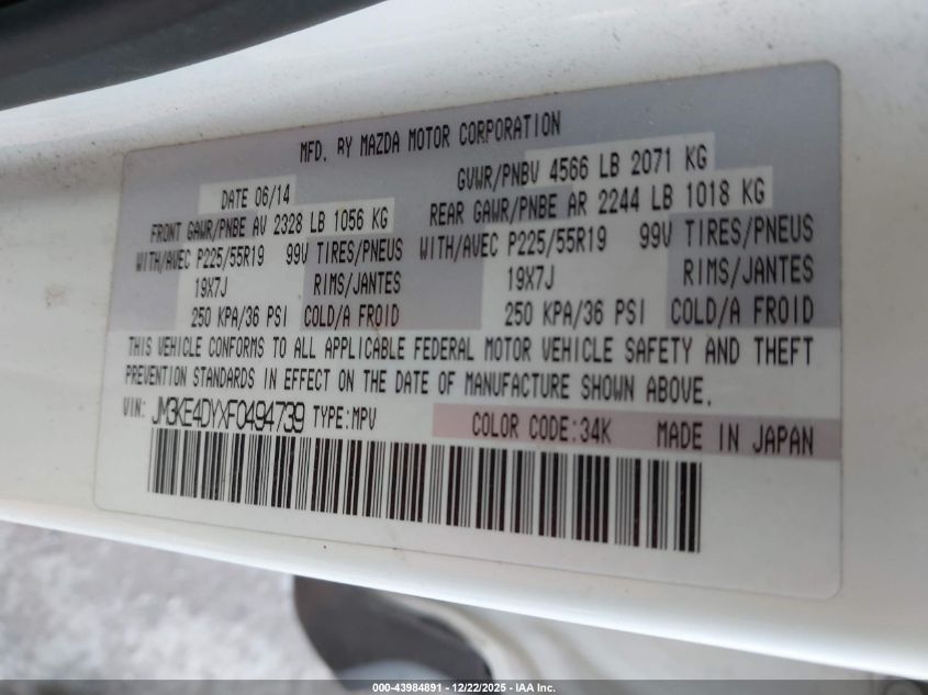 2015 Mazda Cx-5 Grand Touring VIN: JM3KE4DYXF0494739 Lot: 43984891