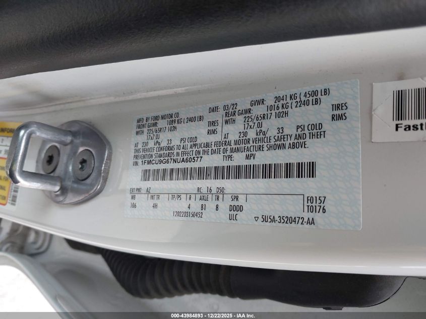 2022 Ford Escape Se VIN: 1FMCU9G67NUA60577 Lot: 43984893