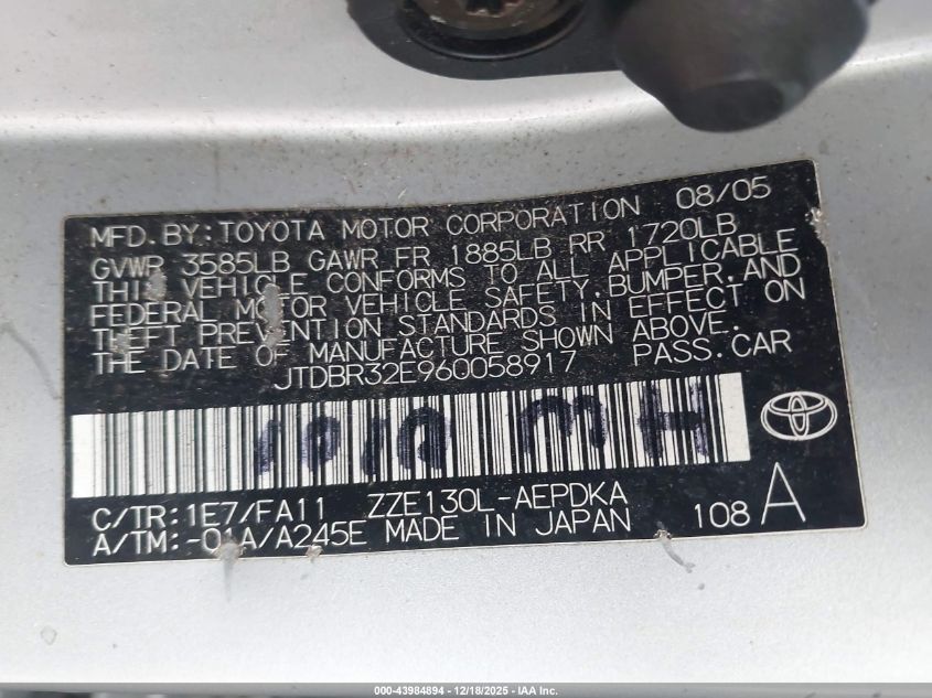 2006 Toyota Corolla Ce VIN: JTDBR32E960058917 Lot: 43984894