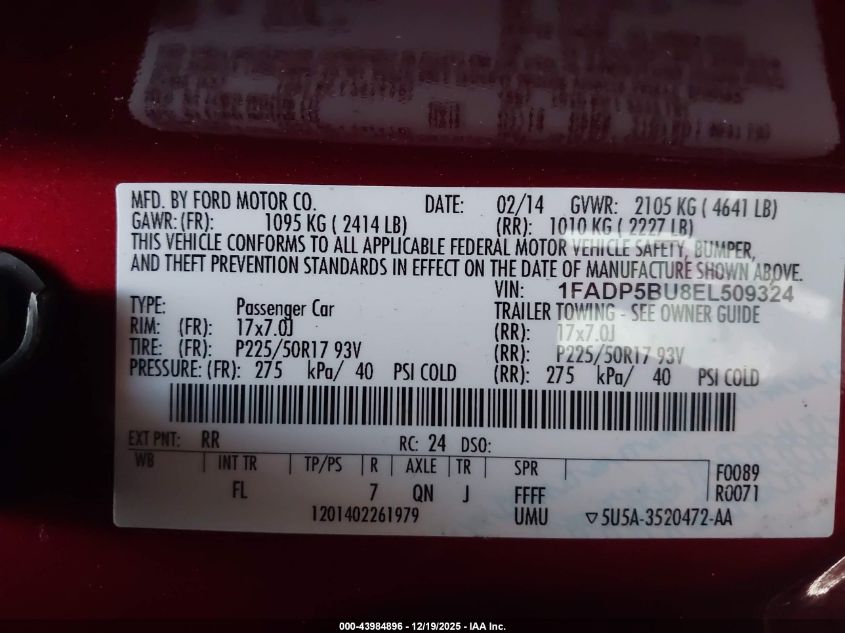 2014 Ford C-Max Hybrid Sel VIN: 1FADP5BU8EL509324 Lot: 43984896