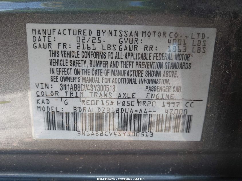 2025 Nissan Sentra Sv VIN: 3N1AB8CV4SY300513 Lot: 43984897