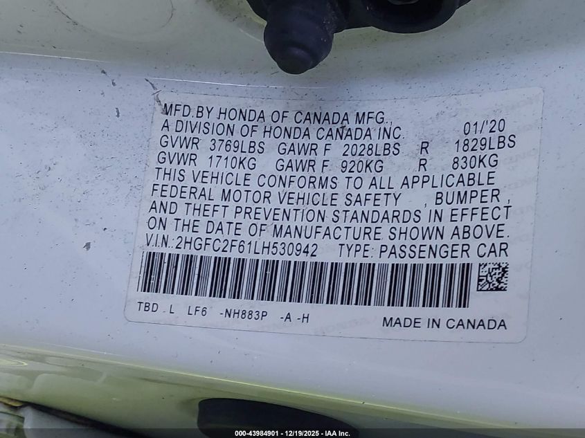 2020 Honda Civic Lx VIN: 2HGFC2F61LH530942 Lot: 43984901