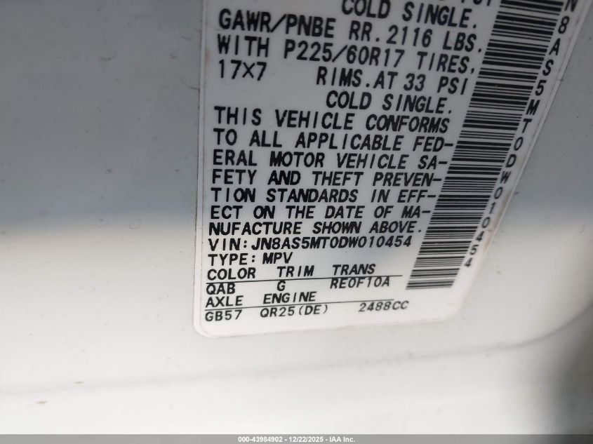 2013 Nissan Rogue Sv VIN: JN8AS5MT0DW010454 Lot: 43984902