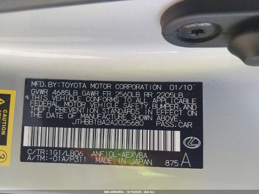 2010 Lexus Hs 250H VIN: JTHBB1BA2A2025680 Lot: 43984904