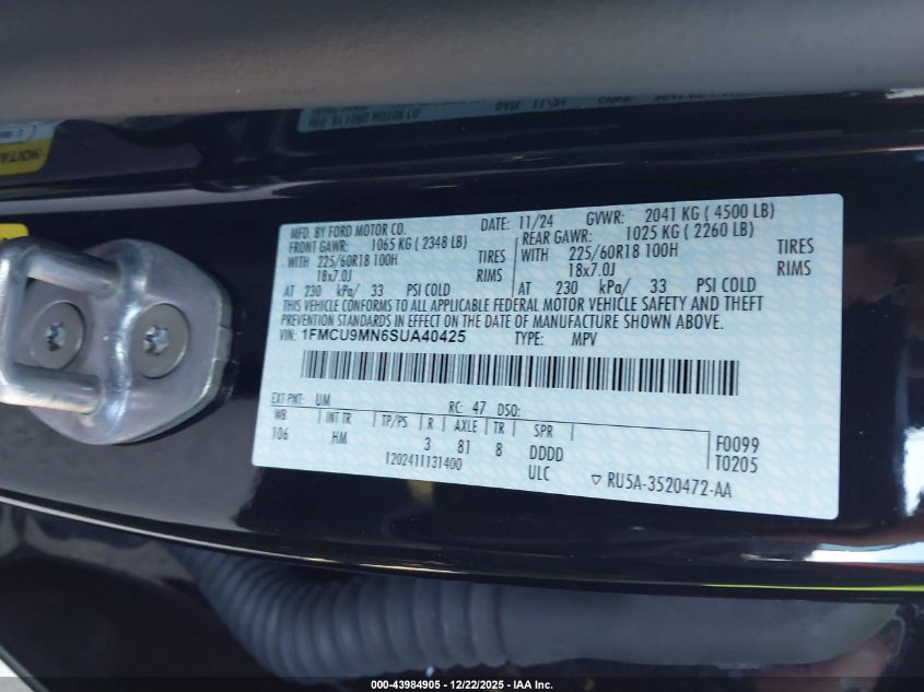 2025 Ford Escape St-Line VIN: 1FMCU9MN6SUA40425 Lot: 43984905