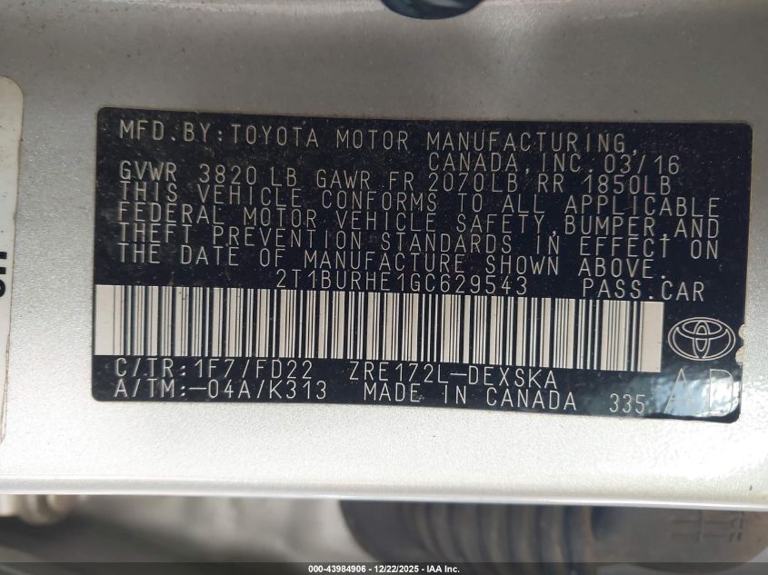 2016 Toyota Corolla S Plus VIN: 2T1BURHE1GC629543 Lot: 43984906