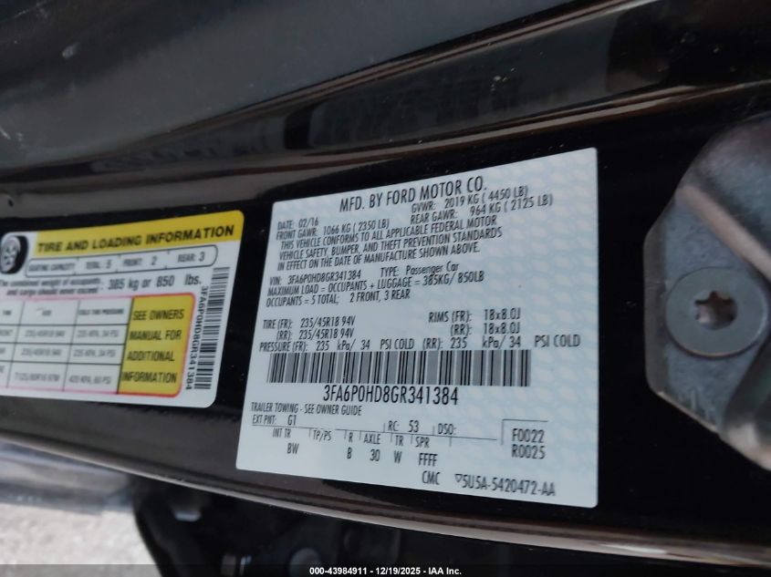 2016 Ford Fusion Se VIN: 3FA6P0HD8GR341384 Lot: 43984911