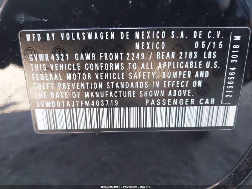 2015 Volkswagen Jetta 1.8T Se VIN: 3VWD07AJ7FM403719 Lot: 43984912