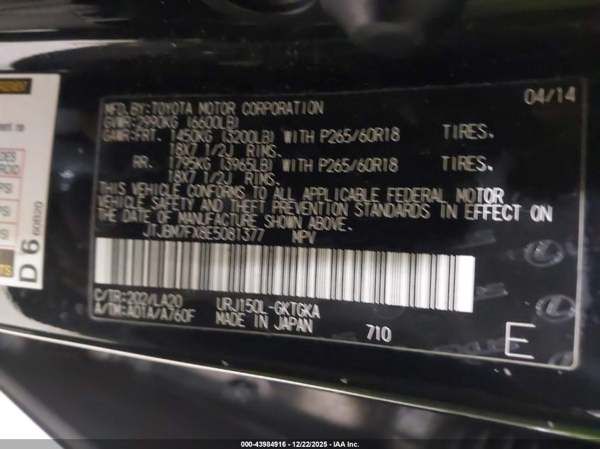 2014 Lexus Gx 460 VIN: JTJBM7FX8E5081377 Lot: 43984916