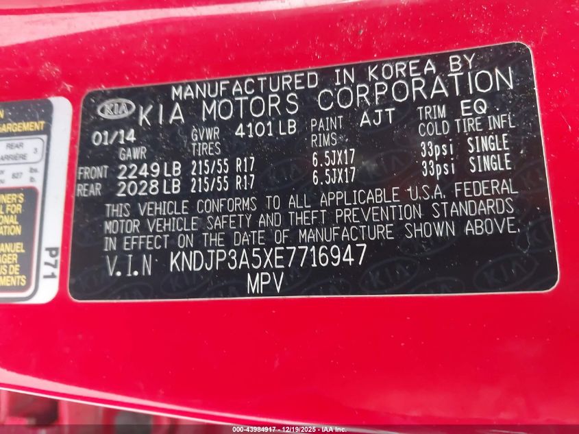2014 Kia Soul + VIN: KNDJP3A5XE7716947 Lot: 43984917