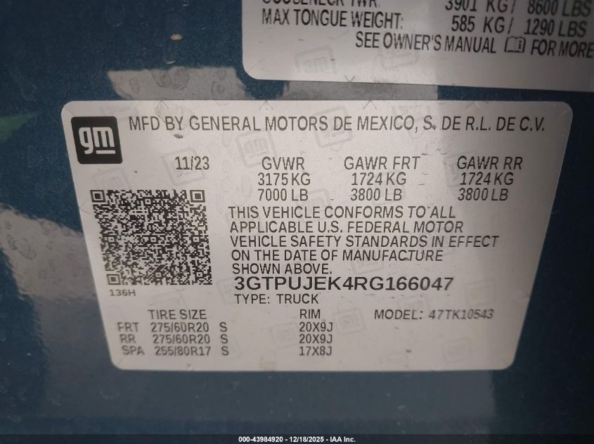2024 GMC Sierra 1500 4Wd Short Box Elevation With 3Vl VIN: 3GTPUJEK4RG166047 Lot: 43984920