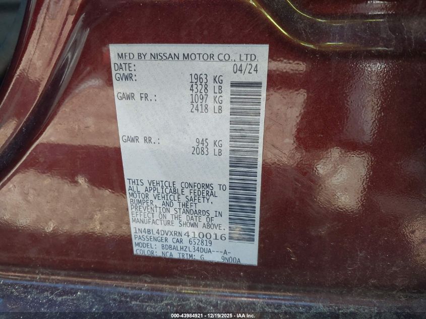 2024 Nissan Altima Sv Fwd VIN: 1N4BL4DVXRN410016 Lot: 43984921