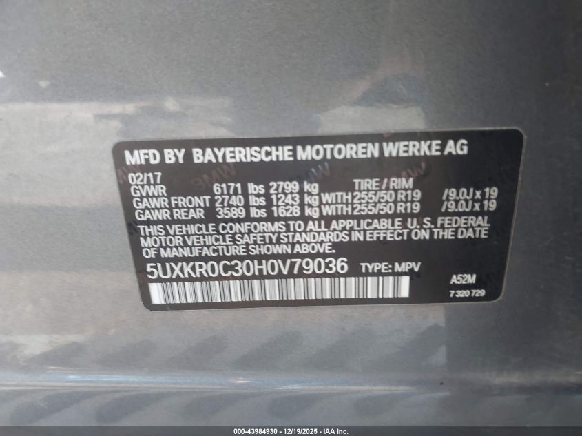 2017 BMW X5 xDrive35I VIN: 5UXKR0C30H0V79036 Lot: 43984930