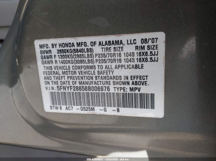 2008 Honda Pilot Ex-L VIN: 5FNYF28658B006976 Lot: 43984931