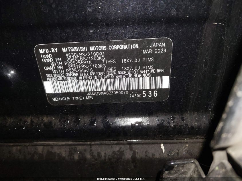 2023 Mitsubishi Eclipse Cross Sel S-Awc VIN: JA4ATWAA8PZ050070 Lot: 43984936