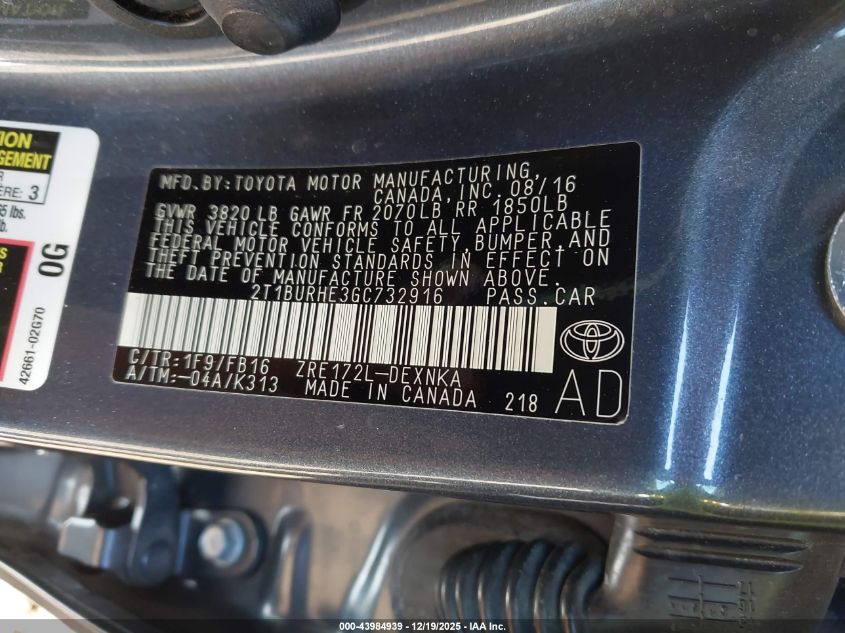 2016 Toyota Corolla Le VIN: 2T1BURHE3GC732916 Lot: 43984939