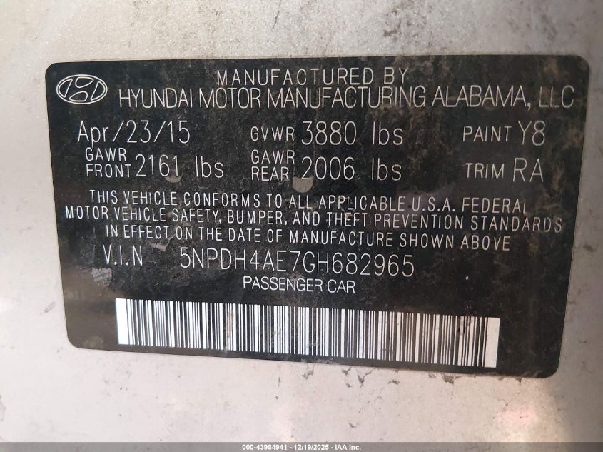 2016 Hyundai Elantra Se VIN: 5NPDH4AE7GH682965 Lot: 43984941