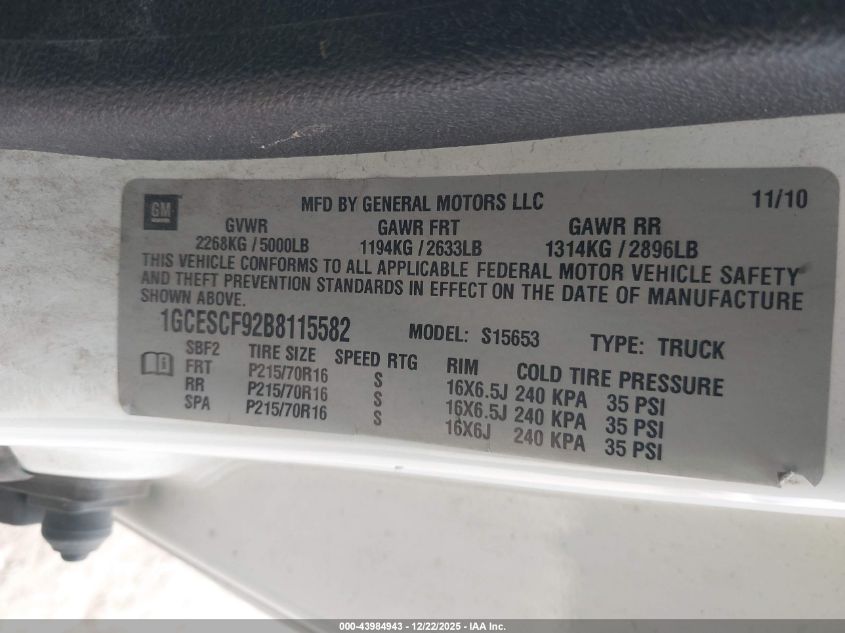 2011 Chevrolet Colorado 1Lt VIN: 1GCESCF92B8115582 Lot: 43984943