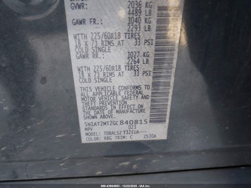 2016 Nissan Rogue Sl VIN: 5N1AT2MT2GC840815 Lot: 43984953