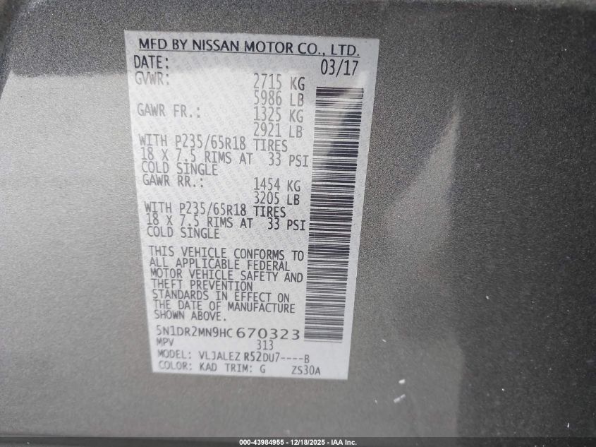 2017 Nissan Pathfinder Sv VIN: 5N1DR2MN9HC670323 Lot: 43984955