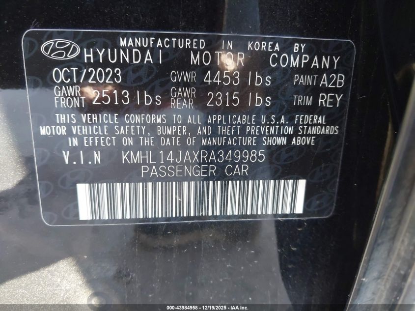 2024 Hyundai Sonata Sel VIN: KMHL14JAXRA349985 Lot: 43984958