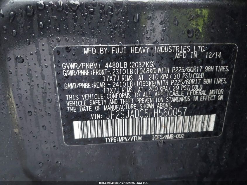 2015 Subaru Forester 2.5I Premium VIN: JF2SJADC5FH560057 Lot: 43984963