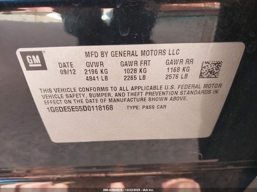 2013 Cadillac Cts Luxury VIN: 1G6DE5E55D0118168 Lot: 43984978