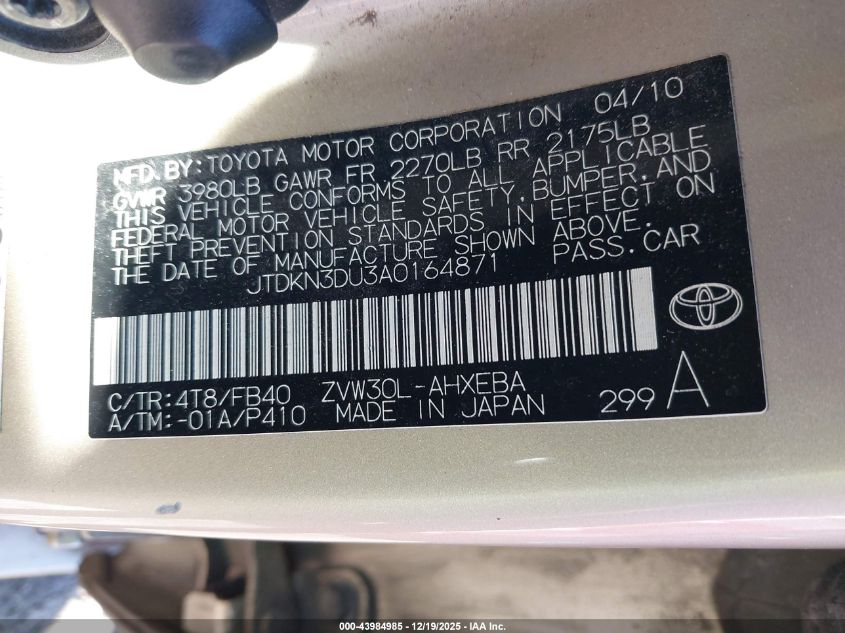 2010 Toyota Prius Ii VIN: JTDKN3DU3A0164871 Lot: 43984985