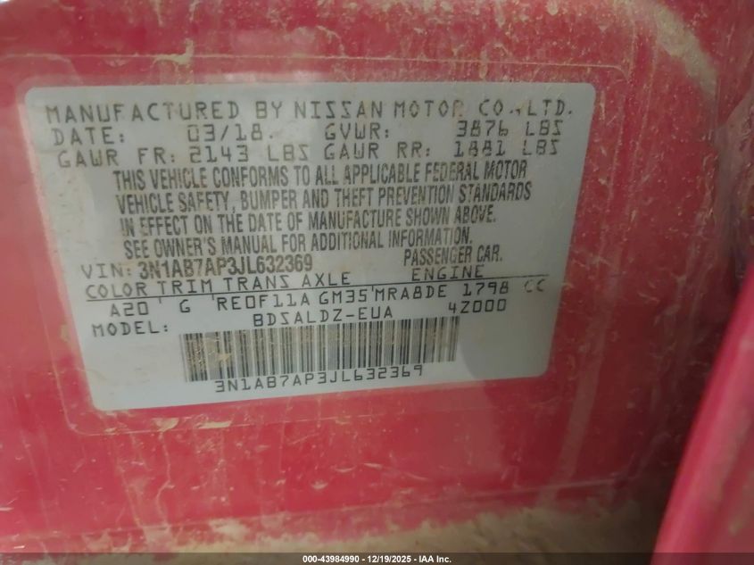 2018 Nissan Sentra Sv VIN: 3N1AB7AP3JL632369 Lot: 43984990