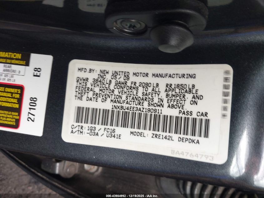 2010 Toyota Corolla Le VIN: 1NXBU4EE3AZ190911 Lot: 43984992