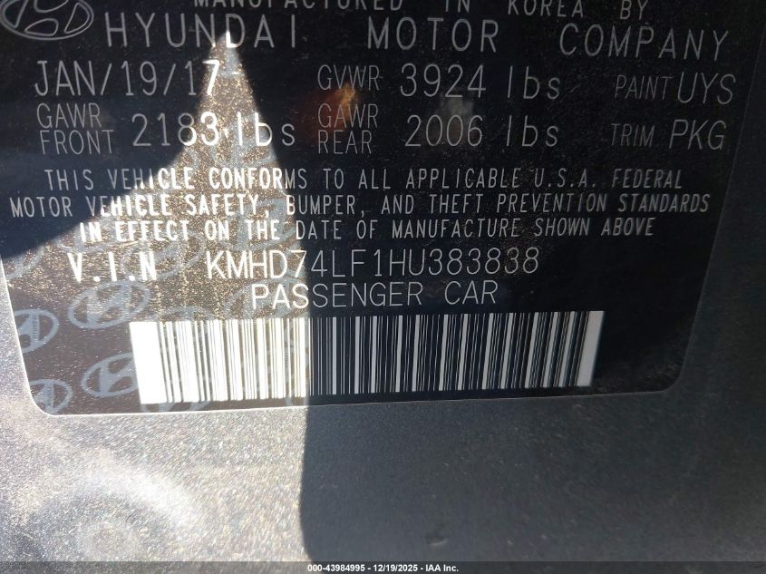 2017 Hyundai Elantra Se VIN: KMHD74LF1HU383838 Lot: 43984995