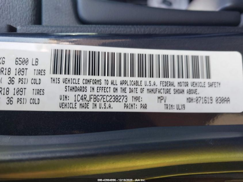 2014 Jeep Grand Cherokee Limited VIN: 1C4RJFBG7EC238273 Lot: 43984996